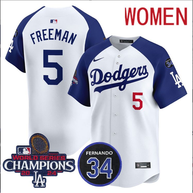 Women  MLB Los Angeles Dodgers #5 Freeman white 2024 World Series Champions Patch Limited Jersey style 2->women mlb jersey->Women Jersey